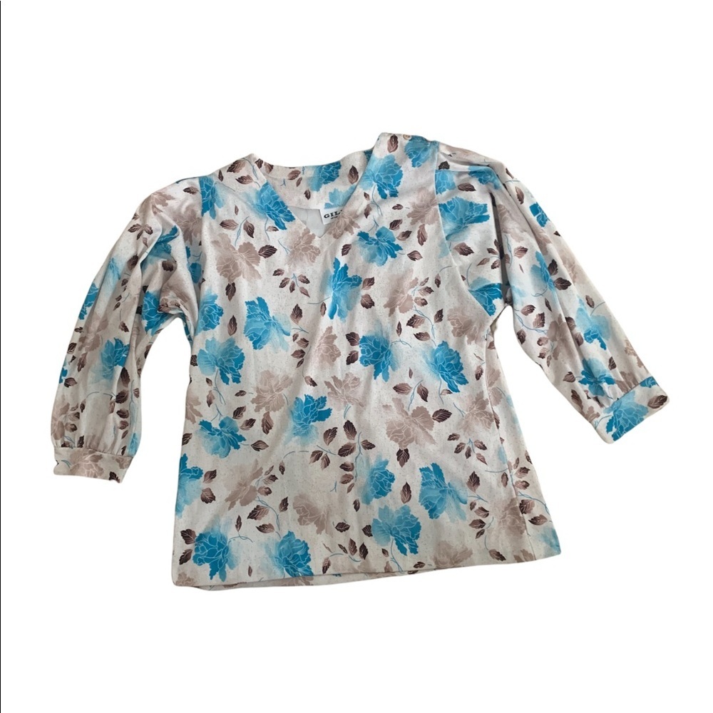 Vintage Top Size 14 Aqua Color Floral Print Top Quarter Sleeve